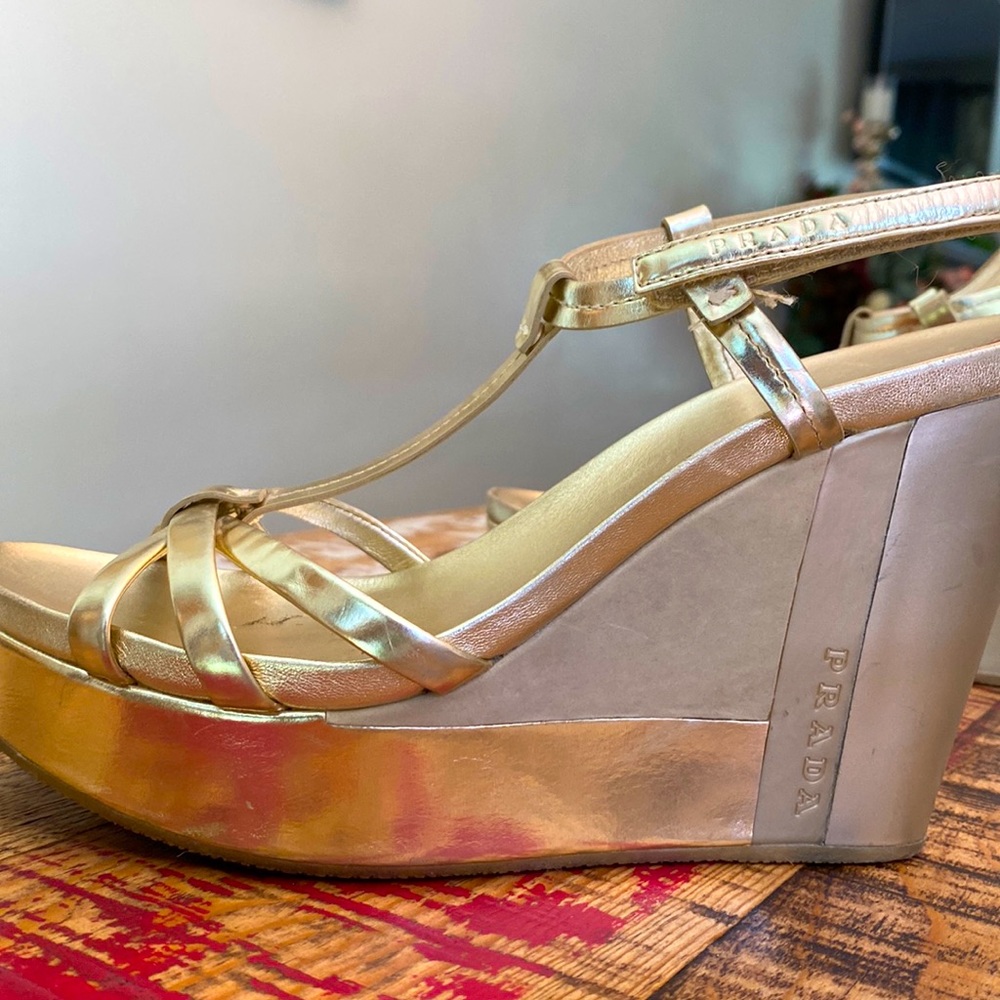 Prada Gold leather Tstrap wedge sporty EU 38 US 7.5